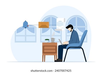Email marketing campaign concept, businessman with flat cartoon laptop screen with email flow in it and incoming email flow, income from email campaign. Flat vector illustration on white background.