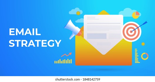 Email marketing campaign, digital email advertising, newsletter, drip email marketing, online strategy and promotion. Flat vector illustration, horizontal banner with conceptual icons.