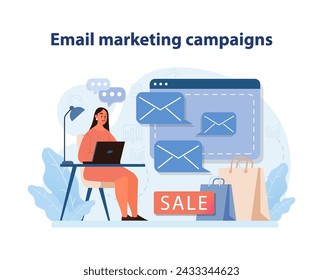 Durchführung von E-Mail-Marketingkampagnen. Ein Marketingmitarbeiter organisiert eine zielgerichtete E-Mail-Kampagne, um die Kundenkontakte und Verkaufsförderung zu verbessern. Digitale Strategie in der Praxis. Flache Vektordarstellung.