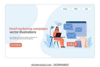 Email Marketing Campaign Execution. A marketer organizes a targeted email campaign, enhancing customer outreach and sales promotion. Digital strategy in practice. Flat vector illustration.