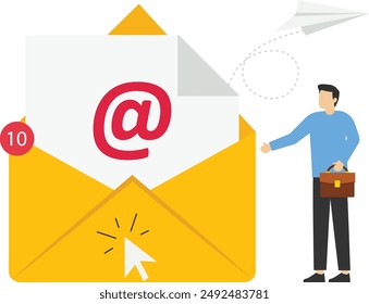 Email marketing campaign, flat cartoon laptop screen with email stream on it and incoming email flow, revenue from email campaign. Vector illustration.

