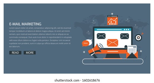 Email Marketing Campaign, Newsletter Marketing, Drip Marketing, Email Marketing Flat Banner Concept With Icons