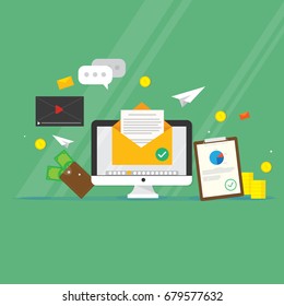 Email Marketing Campaign, Newsletter Marketing, , Email Marketing Flat Banner Concept With Icons. Vector Illustration 