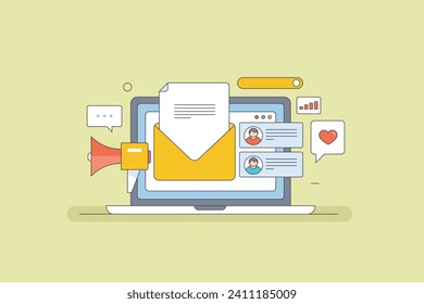 Email marketing campaign outline vector illustration with icons, Open email envelope, Sending promotional mail to customers concept.