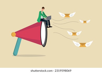 Email marketing campaign, subscription newsletter or online announcement to customer, Businessman sitting on loudspeaker ready to send digital letters and newsletters in the form of flying letters