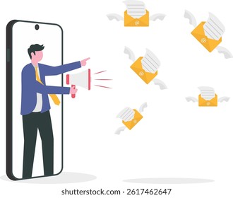 Email marketing campaign, subscription newsletter or online announcement to customer, digital advertising concept, businessman on mobile phone using megaphone to send flying email newsletter online.