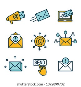 Email marketing campaigns icon set with email list, announcement, & send button