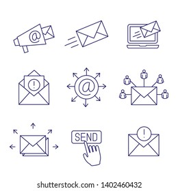 Email marketing campaigns icon set with email list, announcement, and send button