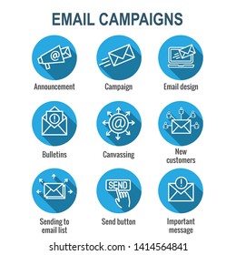 Email marketing campaigns icon set with email list, announcement, and send button