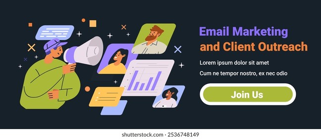 Email marketing y concepto de alcance al cliente Hombre con megáfono que se comunica con diversas personas Gráficos y burbujas de chat Fondo oscuro Sitio web Anuncio