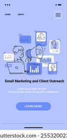 Email marketing and client outreach concept featuring person with laptop megaphone charts portraits in thin line style mobile app screen