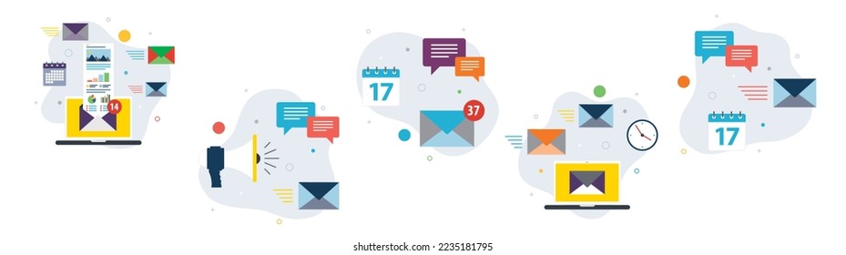 E-Mail-Marketing, Kommunikation, Benachrichtigung, Computer und Marketing-Symbole. Konzeptiert E-Mail-Marketing, Internet-Kommunikation, Benachrichtigung E-Mail und E-Mail-Posteingang. Designen Sie Symbole in Vektorgrafik.