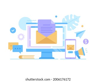 Email marketing. Computer and mobile phone with envelope on screen. Digital advertising, e-mail marketing, promotion, receiving and sending email concepts