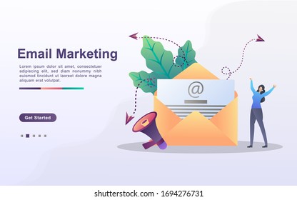 Email marketing concept. Email advertising campaign, e-marketing, reaching target audience with emails. Send and receive mail. Can use for web landing page, banner, mobile app. Vector Illustration