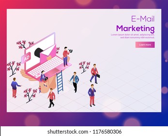 E-mail Marketing concept based landing page design, isometric illustration of laptop with mail, advertising way to attract people to providing best deals and offers.
