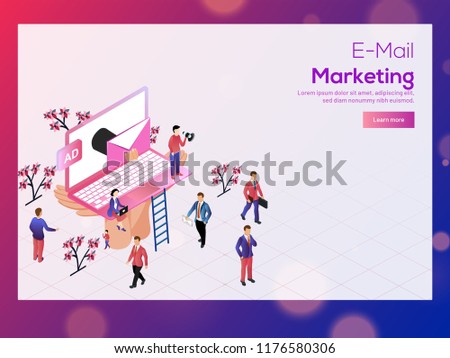 E-mail Marketing concept based landing page design, isometric illustration of laptop with mail, advertising way to attract people to providing best deals and offers.