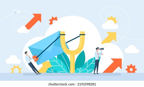 Email marketing concept. Businessman sending email. Sending the envelope. Fast delivery. A man in a business suit sends a letter using a slingshot. Cartoon flat style. Vector business illustration  svg