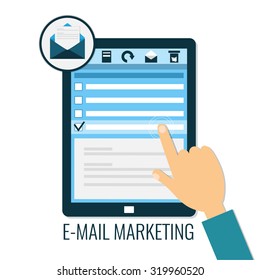 E-mail marketing concept. Computer tablet with hand opening message. Icon for e-mail in flat style, vector illustration.