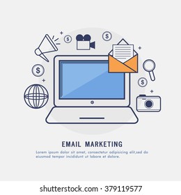 Email Marketing concept with creative Infographic elements and laptop.