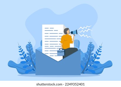 Email marketing concept, CRM, businesswoman standing on email envelope announcing promotion via megaphone, subscribe on web and send email newsletter for discount or promotion information concept.