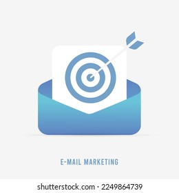 Email Marketing concept. Digital email marketing business newsletter, acquisition and retention emails, and personalized promotional e-mail messages. Blue envelope with open letter and hit target icon