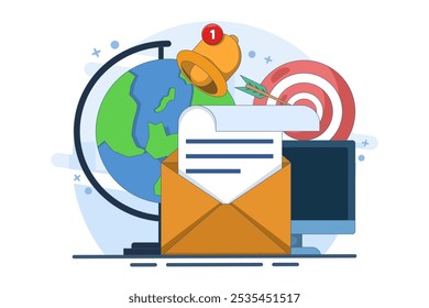 Concepto de email marketing. Marketing digital, comercio electrónico, marketing en redes sociales, carta comercial, Suscripción. Concepto de Ilustración vectorial para el Sitio web y el desarrollo móvil.