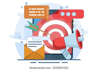 Concepto de email marketing. Marketing digital, comercio electrónico, marketing en redes sociales, carta comercial, Suscripción. Concepto de Ilustración vectorial para el Sitio web y el desarrollo móvil.