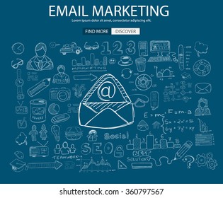 Email Marketing concept with Doodle design style: online solution, social media campain, creative ideas,Modern style illustration for web banners, brochure and flyers.