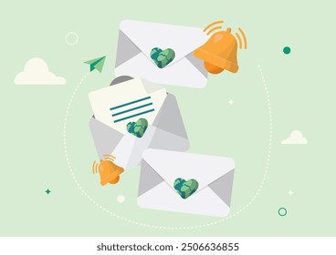 Email Marketing Concept with earth heart. Envelopes, Notification Bell, and Green Heart Icons. Sustainability newsletter. Eco-friendly communication. Sustainability message. Green initiatives