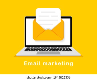 Email marketing concept with envelope on laptop screen. Opened mail on computer. Sending email. Digital advertising. Vector illustration.