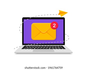 Concepto de marketing por correo electrónico con sobre en la pantalla del portátil. Enviando correo. Mensaje nuevo entrante. Publicidad digital. Ilustración vectorial.