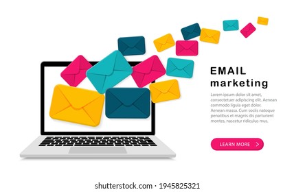 Email marketing concept with envelopes on laptop screen. Sending mail. Digital advertising. Landing page for email marketing. Vector illustration.