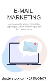 Diseño de marketing por correo electrónico con fondo plano con portátil. EPS10 de ilustración vectorial