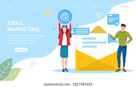 Email marketing concept with a girl holding a huge AT sign or symbol and a man standing next to a giant envelope. Web page template. Flat vector illustration