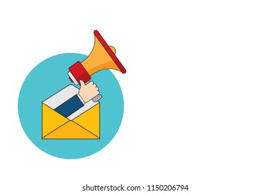 E-mail Marketing concept. Hand holding megaphone and envelope. EPS10 vector illustration. 