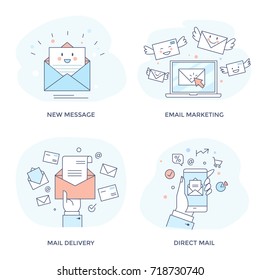 Email marketing concept icon set for business promotion, communication, sharing spam and information. Perfect for web interface, mobile applications, infographics and prints. Flat line design.