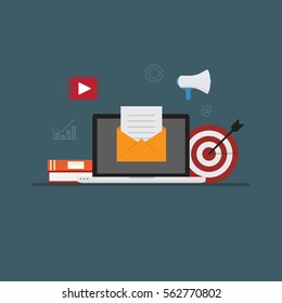 Email Marketing Concept, Laptop with email document on yellow envelope, with digital marketing icon