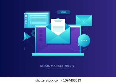 Email Marketing Concept. Laptop With Envelope, Open Email And Message On Screen. Communication, Information Dissemination, Sending Email. Flat Vector Illustration.