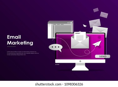 Email marketing concept. Laptop with envelope, open email and message on screen. Communication, information dissemination, sending email. Flat vector illustration.