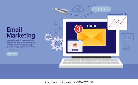 Email marketing concept with laptop, envelopes. newsletter service, personalized message, connect with a customer, automated sending tool, permission based marketing. Letter for customers. Vector