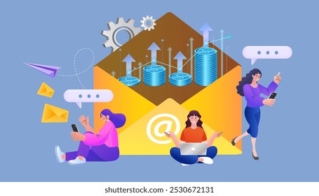 Email marketing concept with laptop, envelopes. newsletter service, personalized message, connect with a customer, automated sending tool, permission based marketing. Letter for customers. Vector