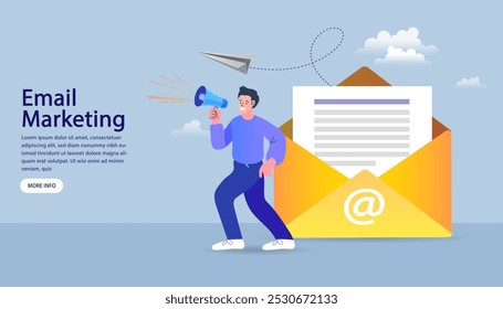 Email marketing concept with laptop, envelopes. newsletter service, personalized message, connect with a customer, automated sending tool, permission based marketing. Letter for customers. Vector