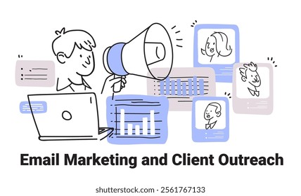 Email marketing concept with laptop megaphone charts and profile sketches in minimalist doodle style