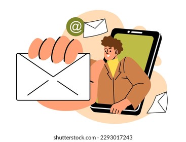 Email marketing concept. Man holds out envelope with letter through screen of smartphone. Marketer promotes product or service on Internet. Online advertising. Cartoon flat vector illustration