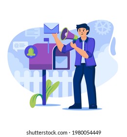 Email marketing concept. Man marketer with megaphone attracting new customers. Advertising mailing and business promotion. Template of people scenes. Vector illustration with characters in flat design