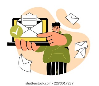Email marketing concept. Man shows laptop with new email notification. Business correspondence and communication on Internet, promotion of goods and services. Cartoon flat vector illustration