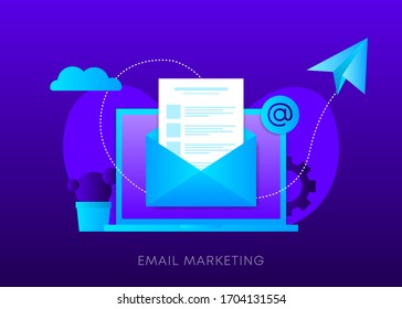 Email marketing concept on dark gradient background. Laptop with envelope, open email and message on screen. Sending email. Vector illustration.