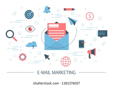 E-mail marketing concept. Online advertising and business promotion in message. Communication with customer in the internet. Isolated vector illustration