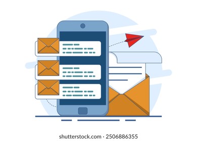 Email marketing concept, Online business strategy, Advertising, Email newsletter, messages, Marketing materials for landing pages, web banners, social media, infographics. Flat vector illustration.