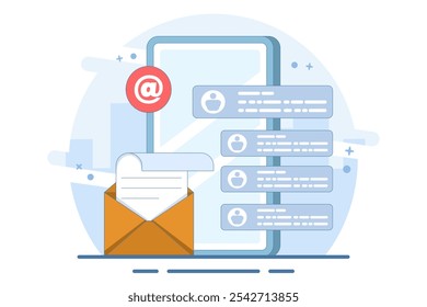 E-Mail-Marketing-Konzept, Online-Business-Strategie, Werbung, E-Mail-Newsletter, Versenden von Nachrichten, Marketing-Material-Konzept für Seite, Web, Social Media, Infografiken. Flache Vektorgrafik.